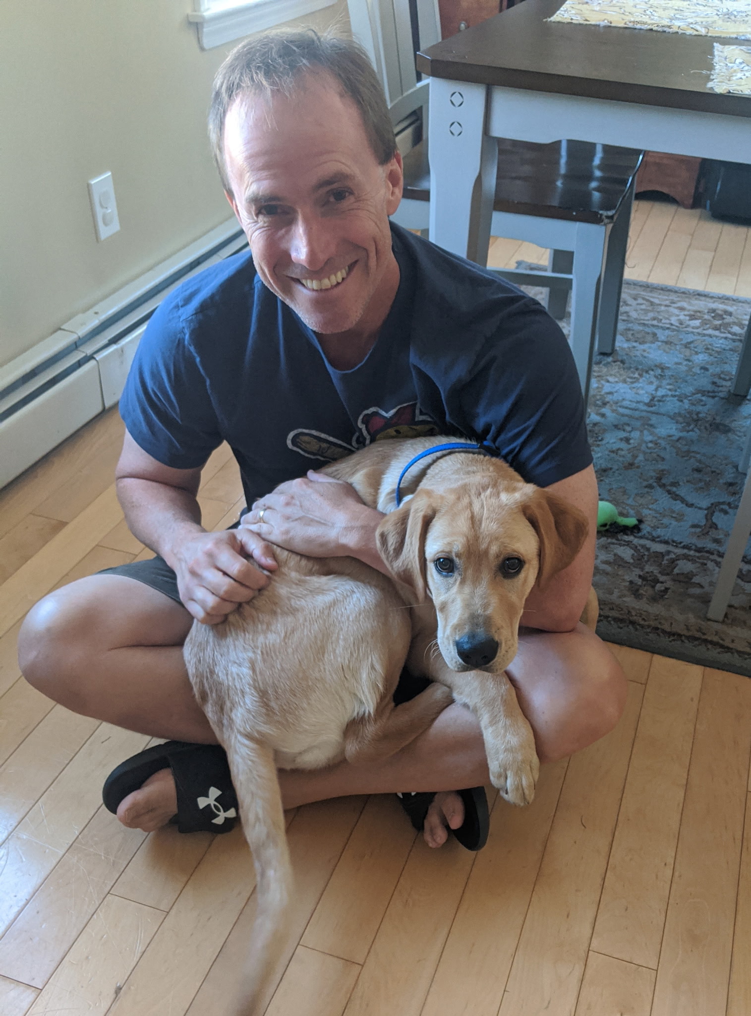 Paul on the grass with pups
